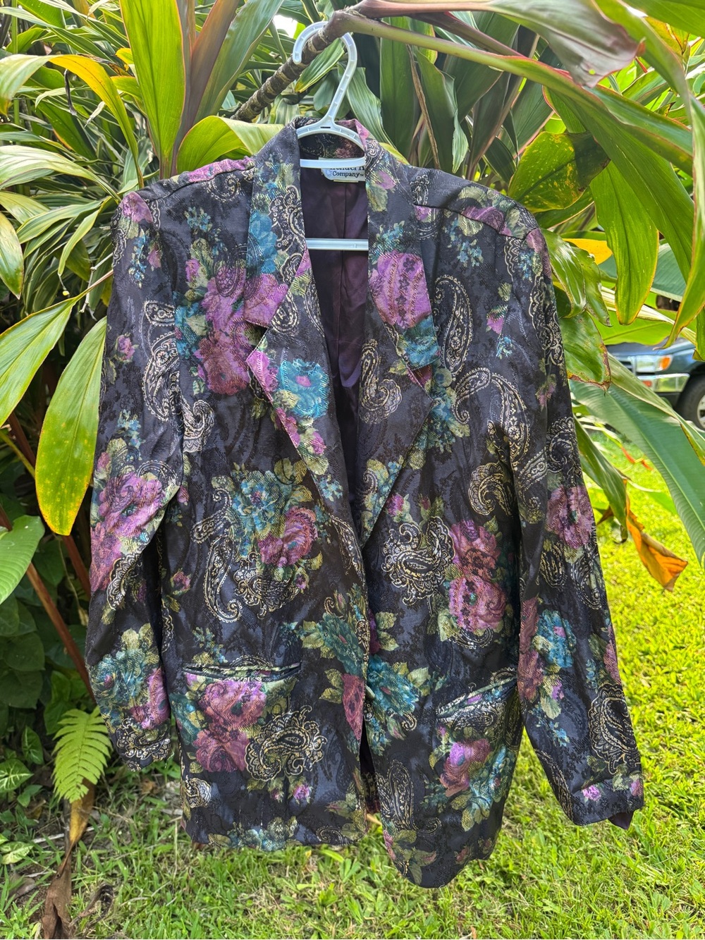 Floral Brocade Blazer Jacket - Black with Purple & Teal Accents